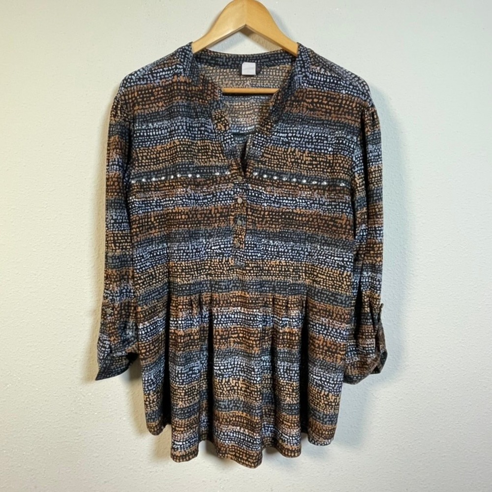 Cocomo Woman Blouse 2X Brown Black Striped Studded Roll Tab Sleeve Henley V-Neck